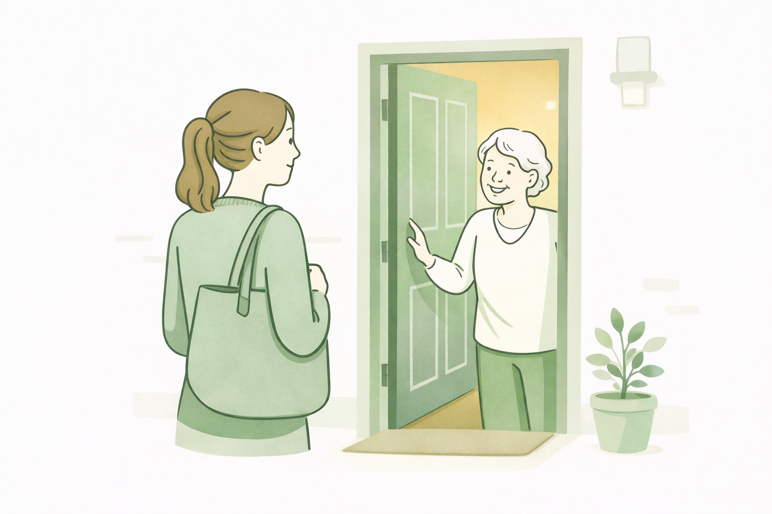 Illustration of a carer arriving at the front door